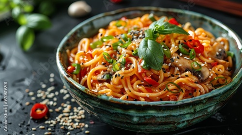 Stir fry noodles with vegetables: red paprika, champignons, green onion and sesame seeds in ceramic bowl. Black table background, top view 