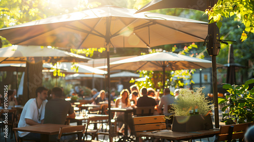 Summer Patio Vibes: A warm, sunny afternoon at a bustling outdoor cafe. Tables filled with friends and families enjoying the  golden hour under the shade of  umbrellas, creating a lively atmosphere.  