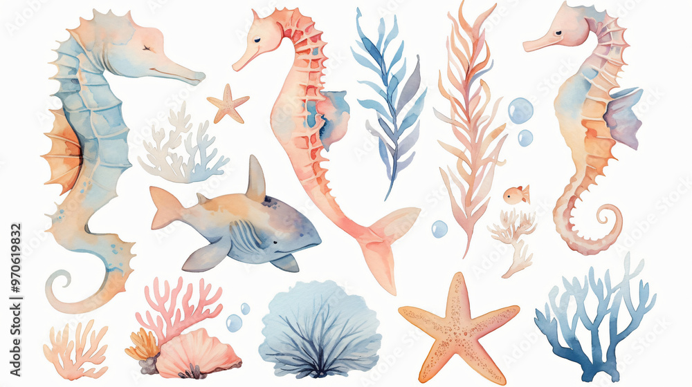 Fototapeta premium A beautifully illustrated collection of marine life, featuring seahorses, sharks, and coral, showcasing the vibrant colors and diversity of underwater beauty.