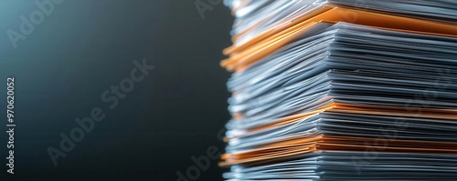 Render a tax document stack from an eye-level perspective, enhancing details in a 3D format with a focus on realism