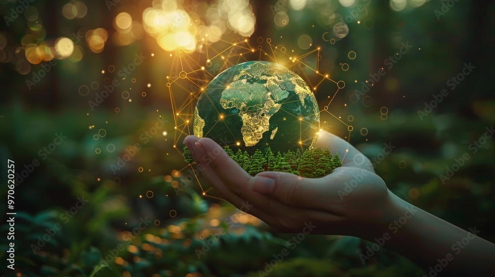 hand holding Earth with green forest and technology icons in sunset light, sustainable development concept for environmental protection, aperture hand holding Earth with green forest and technology icons in sunset light, sustainable development concept for environmental protection, aperture