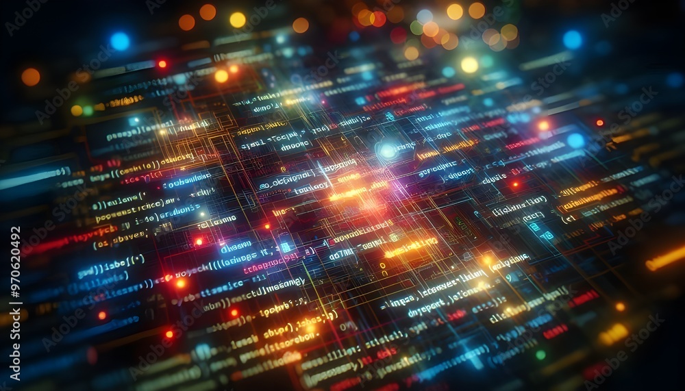Obraz premium Close-up shot of colorful programming code on a dark screen with a tilt-shift lens effect, underlying a technology concept