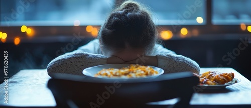 A child sits at a table, head resting on arms, next to a plate of pasta, reflecting a moment of sadness or fatigue. photo