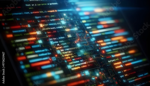 Close-up shot of colorful programming code on a dark screen with a tilt-shift lens effect, underlying a technology concept