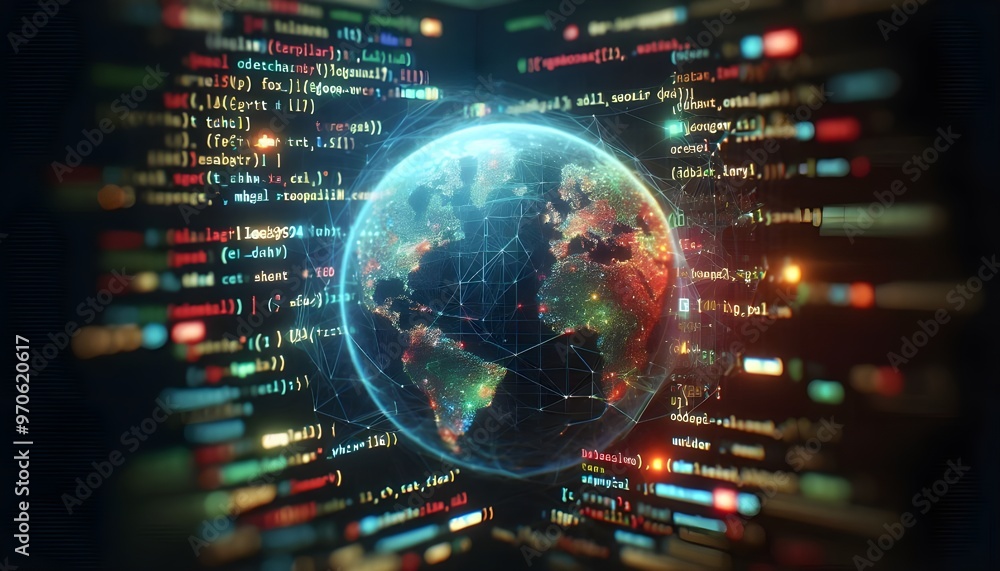 Close-up shot of colorful programming code on a dark screen with a tilt-shift lens effect, underlying a technology concept Close-up shot of colorful programming code on a dark screen with a tilt-shift lens effect, underlying a technology concept