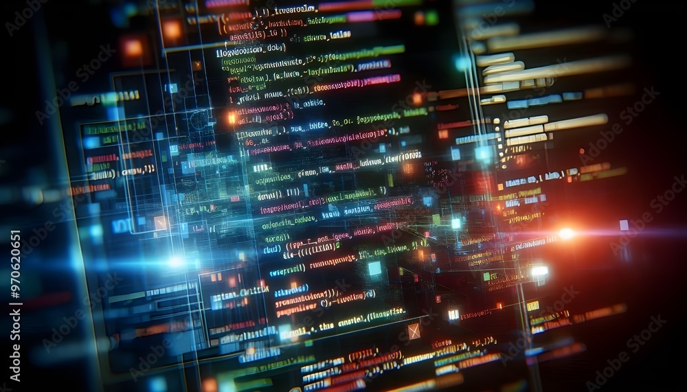 Close-up shot of colorful programming code on a dark screen with a tilt-shift lens effect, underlying a technology concept Close-up shot of colorful programming code on a dark screen with a tilt-shift lens effect, underlying a technology concept