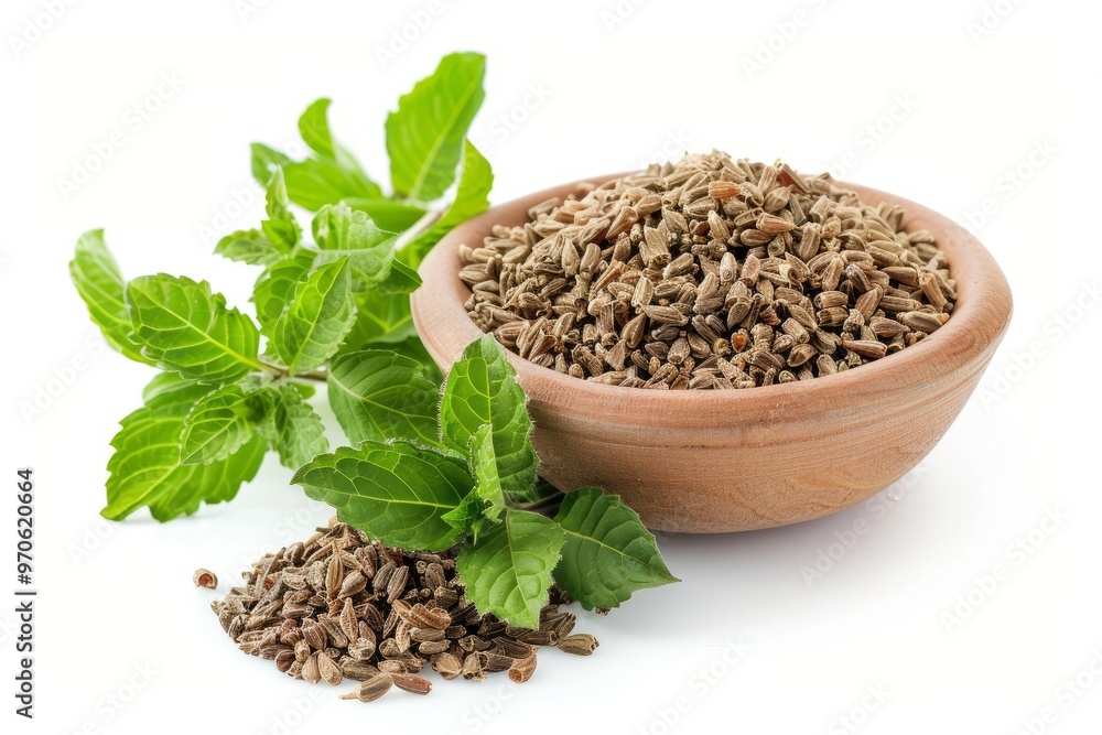 A fresh Ajwain and Ajwain Power isolated on white A fresh Ajwain and Ajwain Power isolated on white