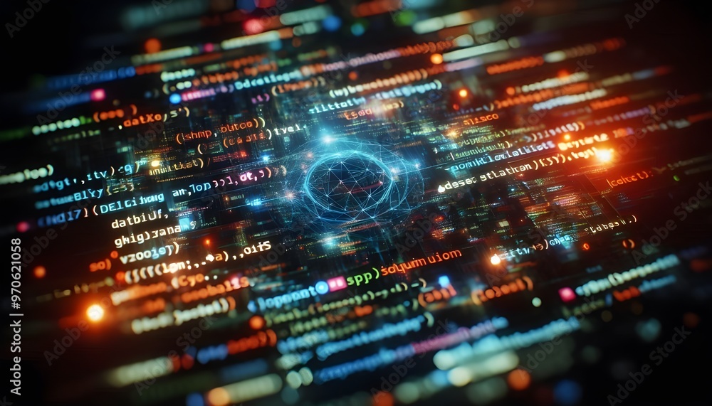 Close-up shot of colorful programming code on a dark screen with a tilt-shift lens effect, underlying a technology concept Close-up shot of colorful programming code on a dark screen with a tilt-shift lens effect, underlying a technology concept