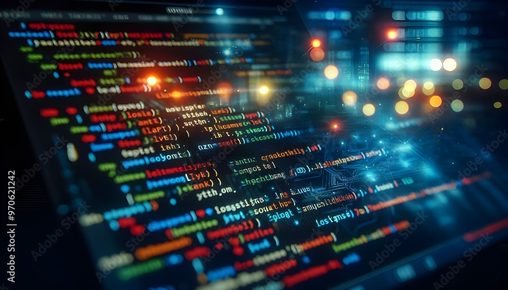 Close-up shot of colorful programming code on a dark screen with a tilt-shift lens effect, underlying a technology concept Close-up shot of colorful programming code on a dark screen with a tilt-shift lens effect, underlying a technology concept