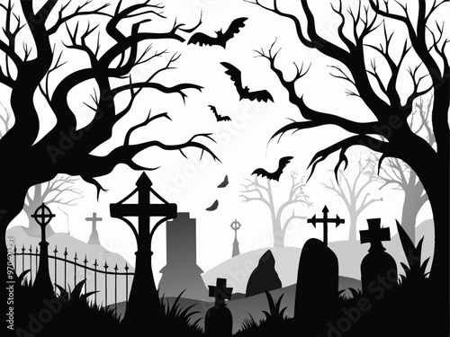 Spooky Graveyard Silhouette Scene with Bats and Bare Trees