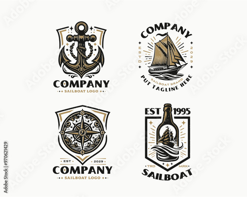 set vintage classic marine sailboat nautical emblem logo for business company