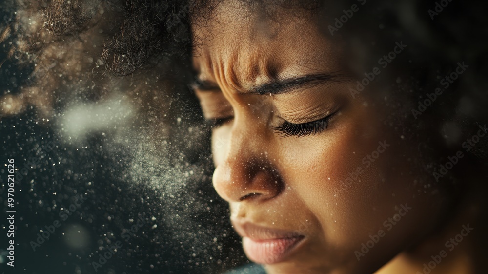 A close-up portrait of a woman with curly hair expressing emotion, surrounded by a soft dust particle effect, conveying deep feelings. A close-up portrait of a woman with curly hair expressing emotion, surrounded by a soft dust particle effect, conveying deep feelings.