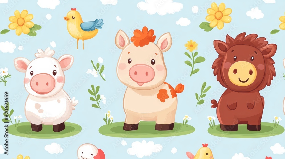 Naklejka premium Cute Farm Animals Seamless Pattern with Chickens Pigs and Cows