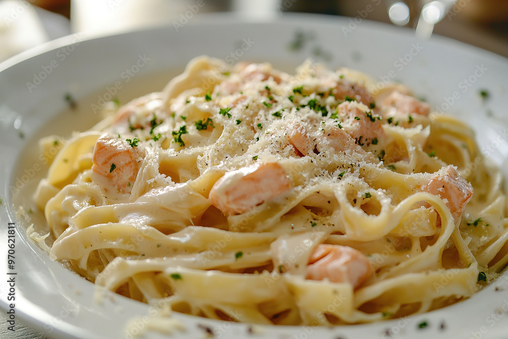 pasta with salmon in a creamy sauce, sprinkled with grated cheese pasta with salmon in a creamy sauce, sprinkled with grated cheese