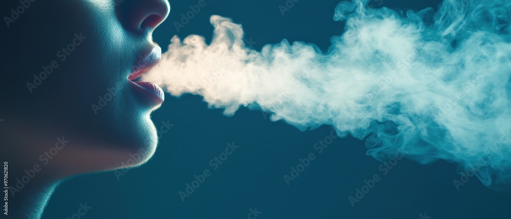 A close-up view of a person exhaling smoke, creating a captivating atmosphere with soft, flowing vapor against a moody backdrop.