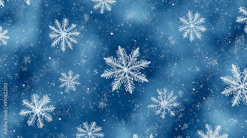 Blue Winter Background with White Snowflakes and Glitter