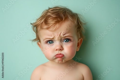 Unhappy crying and dissatisfied toddler baby, the baby's first tooth has erupted, the child is experiencing pain when teething