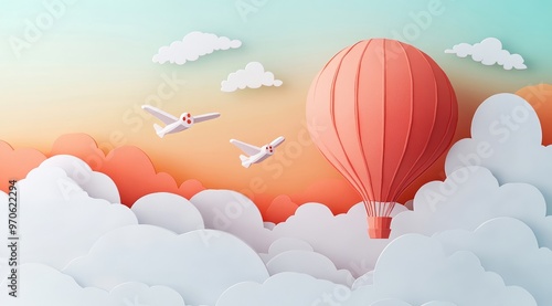 Sunset Flight Hot Air Balloon and Airplanes Adorning the Sky in Soft Pastel Tones photo