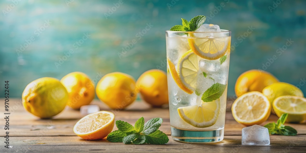 Fototapeta premium Refreshing lemon soda with ice cubes and lemon slices , refreshing, drink, lemon, soda, carbonated, beverage, fizzy, citrus