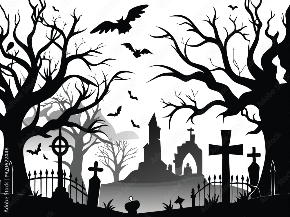 Spooky Graveyard Silhouette Scene with Bats and Bare Trees Spooky Graveyard Silhouette Scene with Bats and Bare Trees