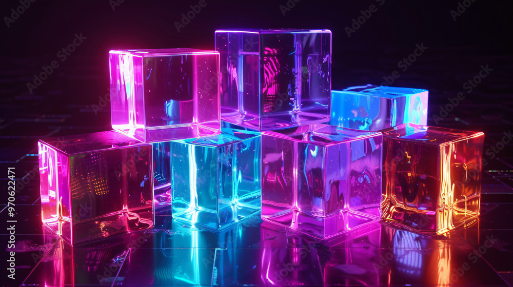 A striking digital artwork featuring illuminated cubes in neon colors, set against a dark background, creating a modern and tech-inspired atmosphere. A striking digital artwork featuring illuminated cubes in neon colors, set against a dark background, creating a modern and tech-inspired atmosphere.