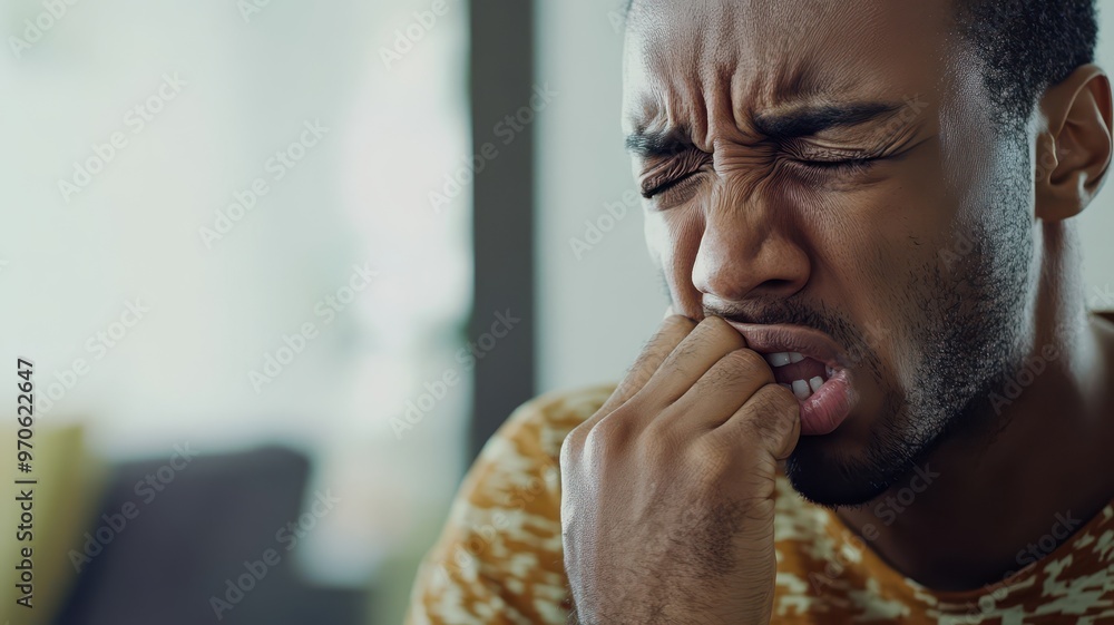 A man expresses deep anxiety and stress while biting his nails, conveying emotional turmoil in a thoughtful environment. A man expresses deep anxiety and stress while biting his nails, conveying emotional turmoil in a thoughtful environment.