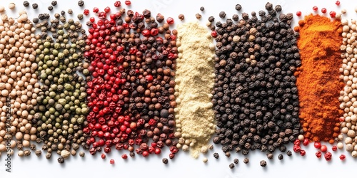 Fototapeta Naklejka Na Ścianę i Meble -  various spices, powder, coriander, cloves, peppercorns, cumin, dill, red pepper, black pepper, turmeric, seeds, 3d, on a white background, no shadows,