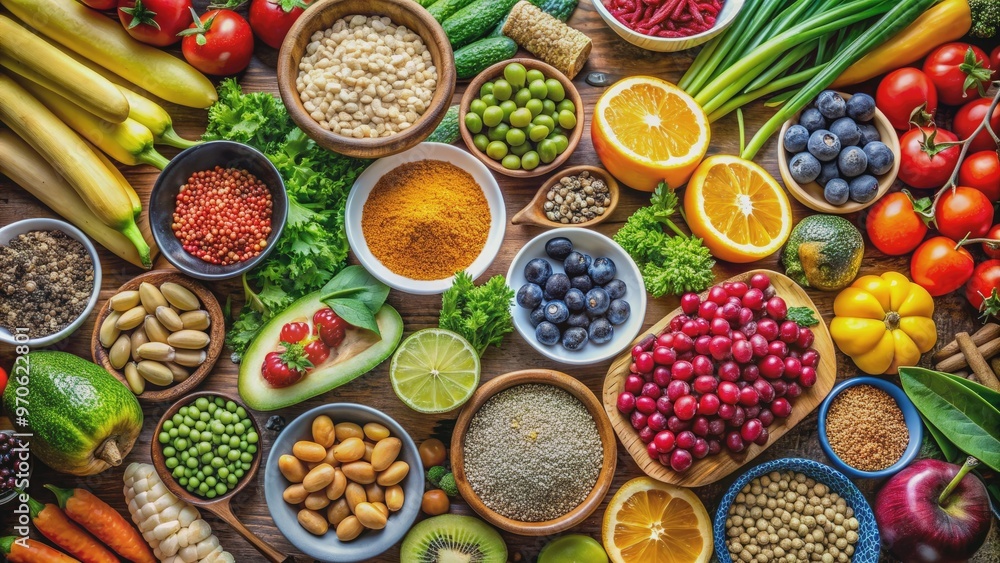 Healthy, colorful, and balanced Mediterranean diet with a variety of fruits, vegetables Healthy, colorful, and balanced Mediterranean diet with a variety of fruits, vegetables