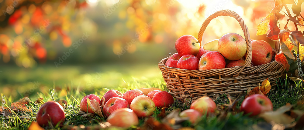 A basket of apples on the grass, surrounded by fallen leaves and other fruits in an orchard setting. The background is blurred A basket of apples on the grass, surrounded by fallen leaves and other fruits in an orchard setting. The background is blurred