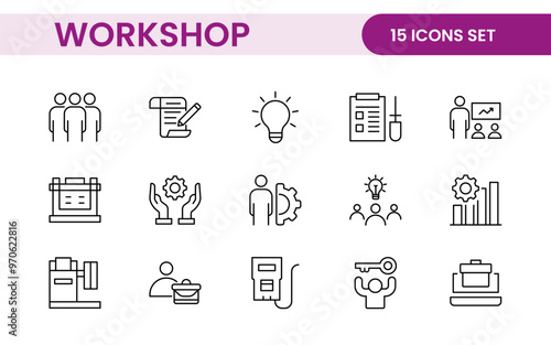 Set of Workshop and Coaching line icons. Outline icon collection related to training, coaching, mentoring, education, meetings, conferences, and teamwork.