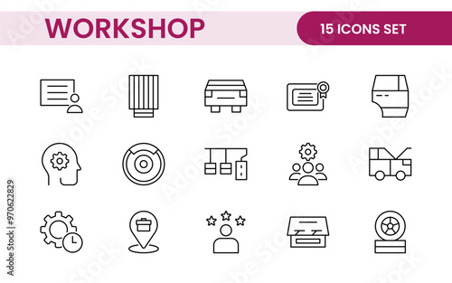 Set of Workshop and Coaching line icons. Outline icon collection related to training, coaching, mentoring, education, meetings, conferences, and teamwork.