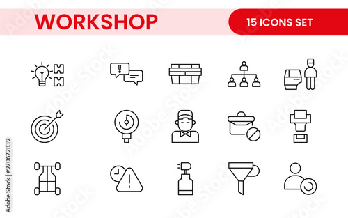 Set of Workshop and Coaching line icons. Outline icon collection related to training, coaching, mentoring, education, meetings, conferences, and teamwork.