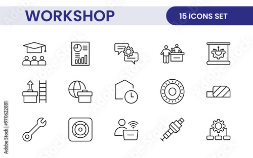Set of Workshop and Coaching line icons. Outline icon collection related to training, coaching, mentoring, education, meetings, conferences, and teamwork.