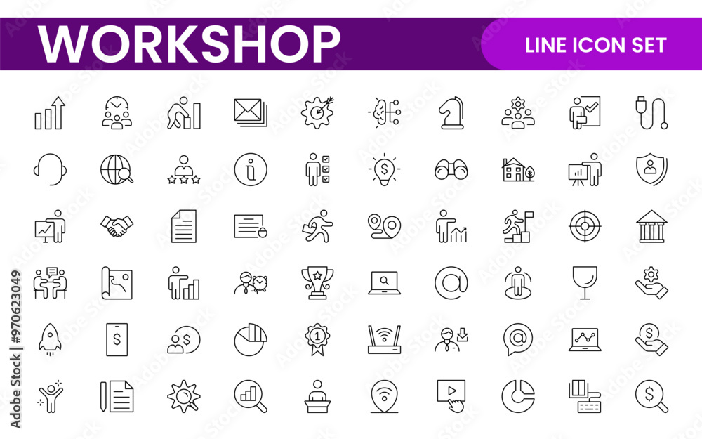 Set of Workshop and Coaching line icons. Outline icon collection related to training, coaching, mentoring, education, meetings, conferences, and teamwork. Set of Workshop and Coaching line icons. Outline icon collection related to training, coaching, mentoring, education, meetings, conferences, and teamwork.