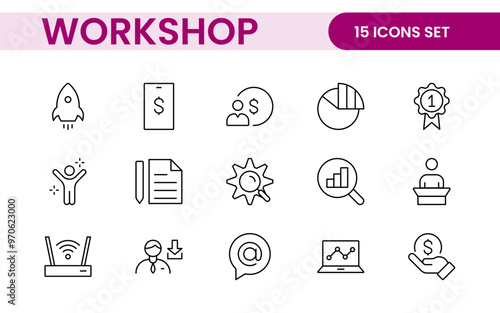 Set of Workshop and Coaching line icons. Outline icon collection related to training, coaching, mentoring, education, meetings, conferences, and teamwork.