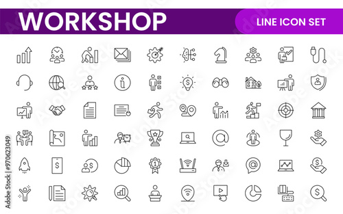 Set of Workshop and Coaching line icons. Outline icon collection related to training, coaching, mentoring, education, meetings, conferences, and teamwork.