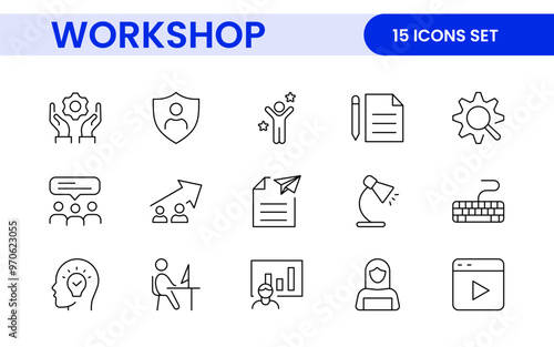 Set of Workshop and Coaching line icons. Outline icon collection related to training, coaching, mentoring, education, meetings, conferences, and teamwork.