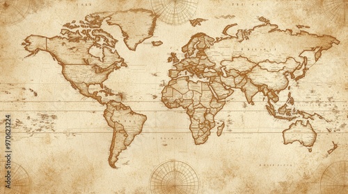 Vintage World Map with Grunge Texture and Compass #970623224