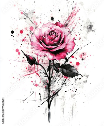 A single pink rose with a long stem and buds, against a white background with splashes of pink, black, and gray paint.