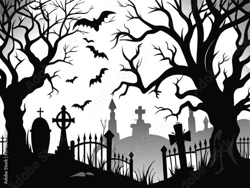 Spooky Graveyard Silhouette Scene with Bats and Bare Trees