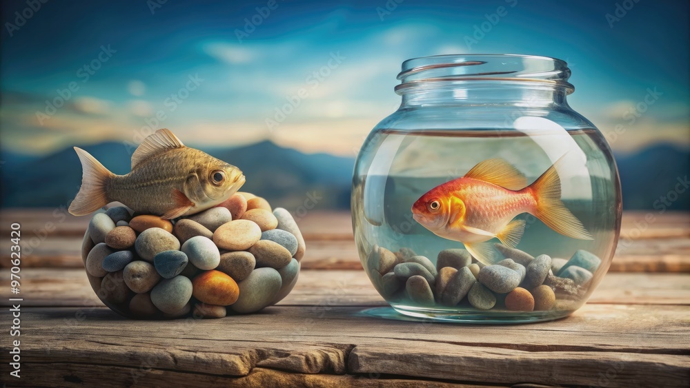 A fish in a jar with another jar nestled on sea stones on a wooden table, fish, jar, sea stones, wooden table A fish in a jar with another jar nestled on sea stones on a wooden table, fish, jar, sea stones, wooden table