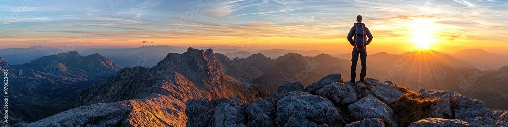 Fototapeta premium Hiker conquering mountain at sunrise casting long shadows