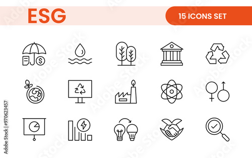 ESG flat line icon set. Outline icon collection related to ecology, environment social governance, risk management, sustainable developmen and more. photo