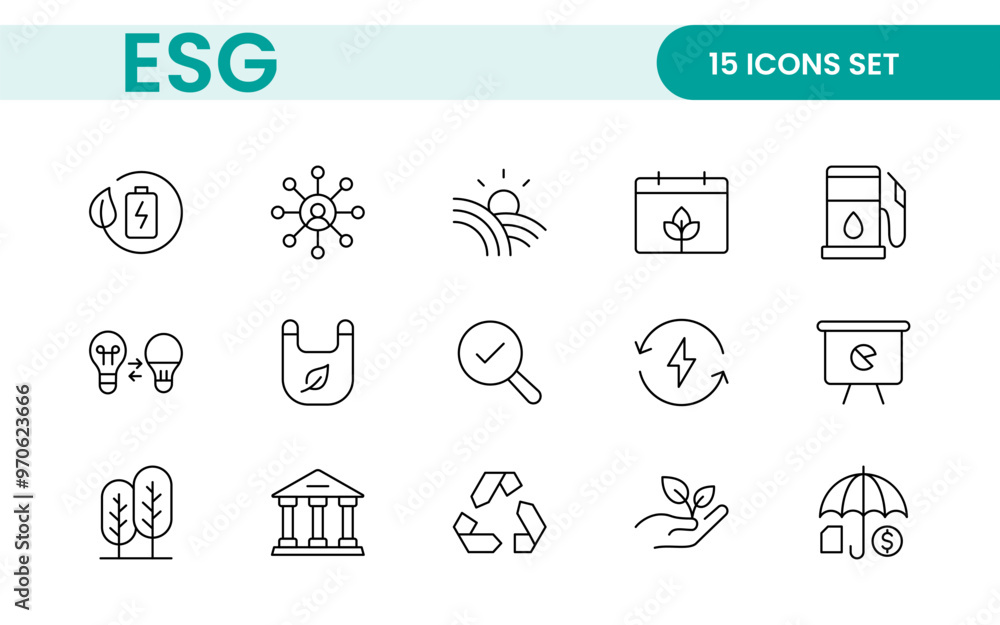 ESG flat line icon set. Outline icon collection related to ecology, environment social governance, risk management, sustainable developmen and more. ESG flat line icon set. Outline icon collection related to ecology, environment social governance, risk management, sustainable developmen and more.