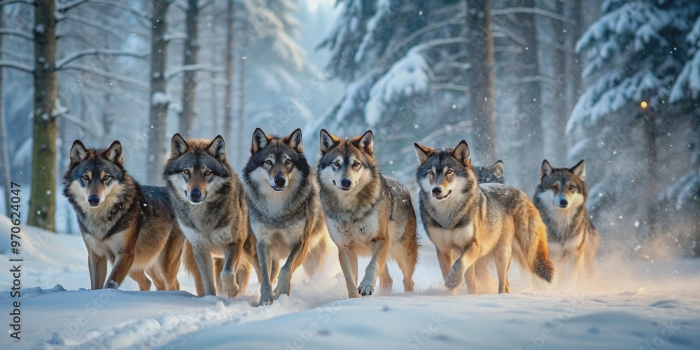 Naklejka premium Pack of wolves moving through snowy forest at dusk, wolves, pack, snow, forest, dusk, wildlife, wild animals, nature, winter