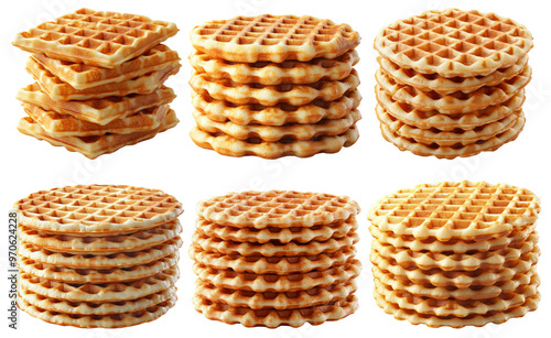 Stack of crispy round waffles isolated on transparent background photo