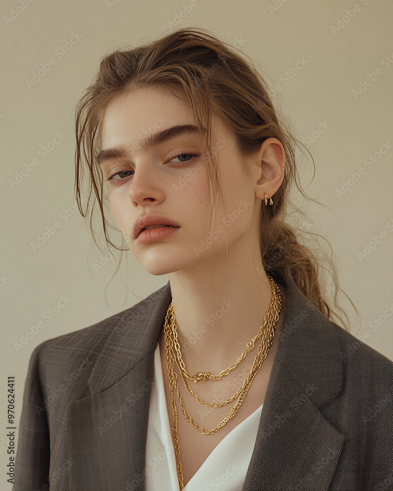 A close-up of a model wearing layered gold necklaces and a tailored blazer, standing against a neutral background, soft light emphasizing textures and details, minimalistic yet bold 2025 fashion.