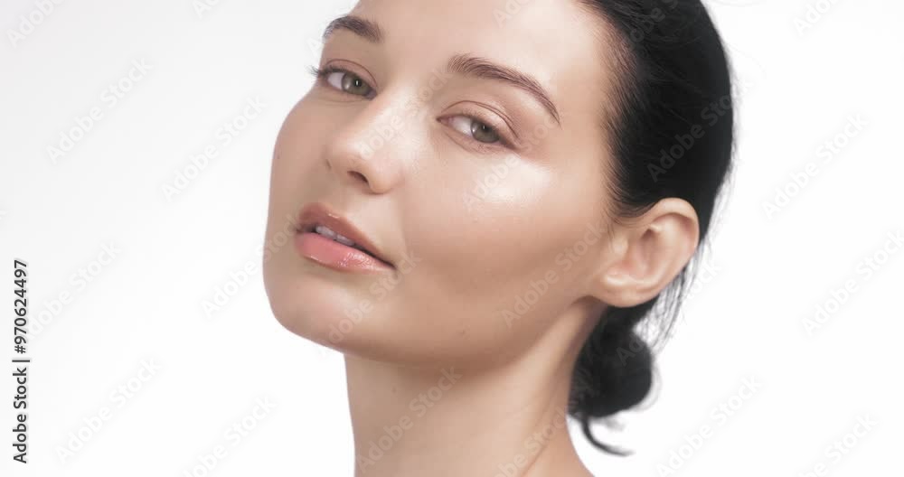 Smiling Young Woman with Radiant Skin Touching Face on White Background Smiling Young Woman with Radiant Skin Touching Face on White Background
