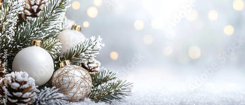 festive celebrate christmas eve background concept banner of xmas decorate ball and snow flake christmas tree white colour scheme mock up template seasonal design