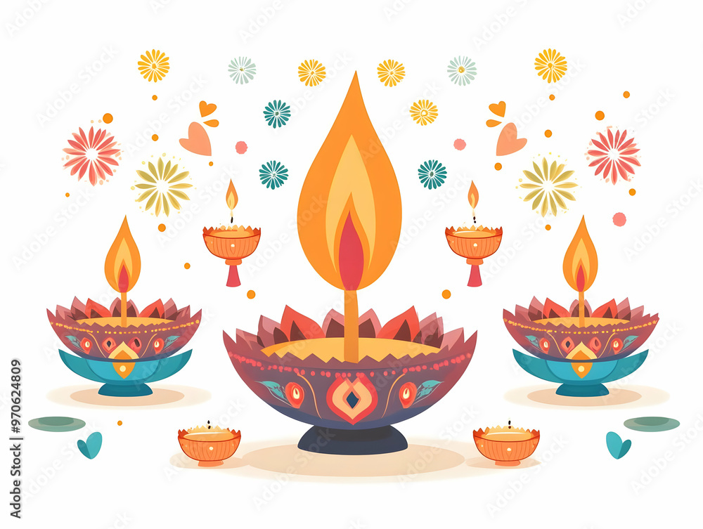 Flat Diwali Lantern and Diya with Floating Rangoli Elements - Abstract Vector Illustration Isolated on White Background Celebrating Festive Cultural Beauty of Diwali Flat Diwali Lantern and Diya with Floating Rangoli Elements - Abstract Vector Illustration Isolated on White Background Celebrating Festive Cultural Beauty of Diwali
